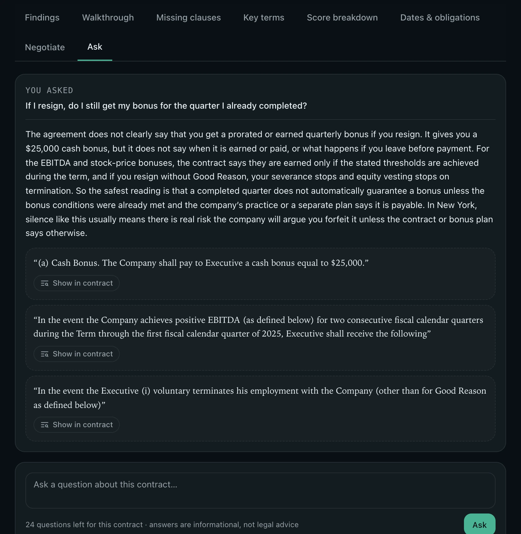 Question and answer with quoted contract passages