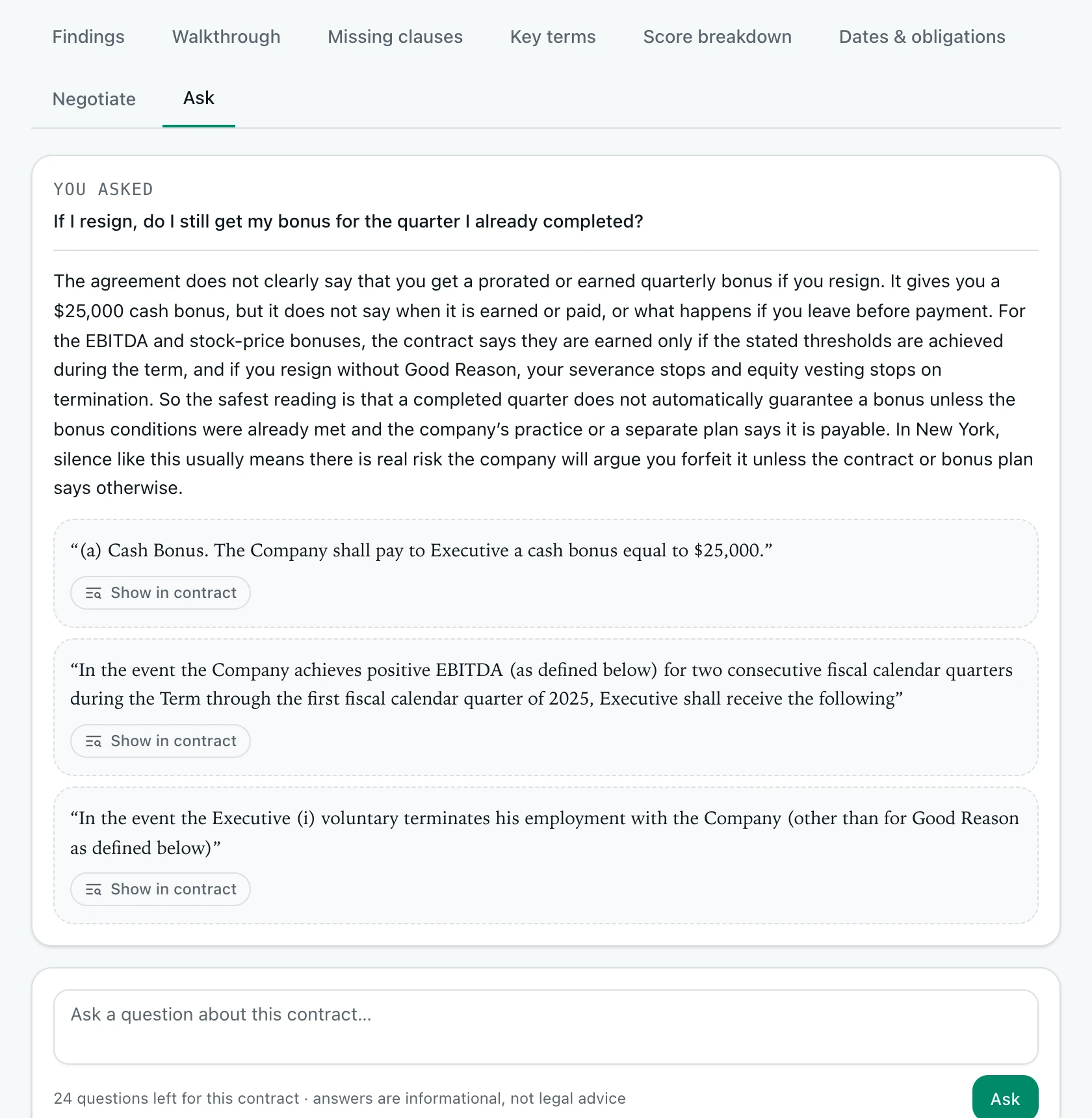 Question and answer with quoted contract passages