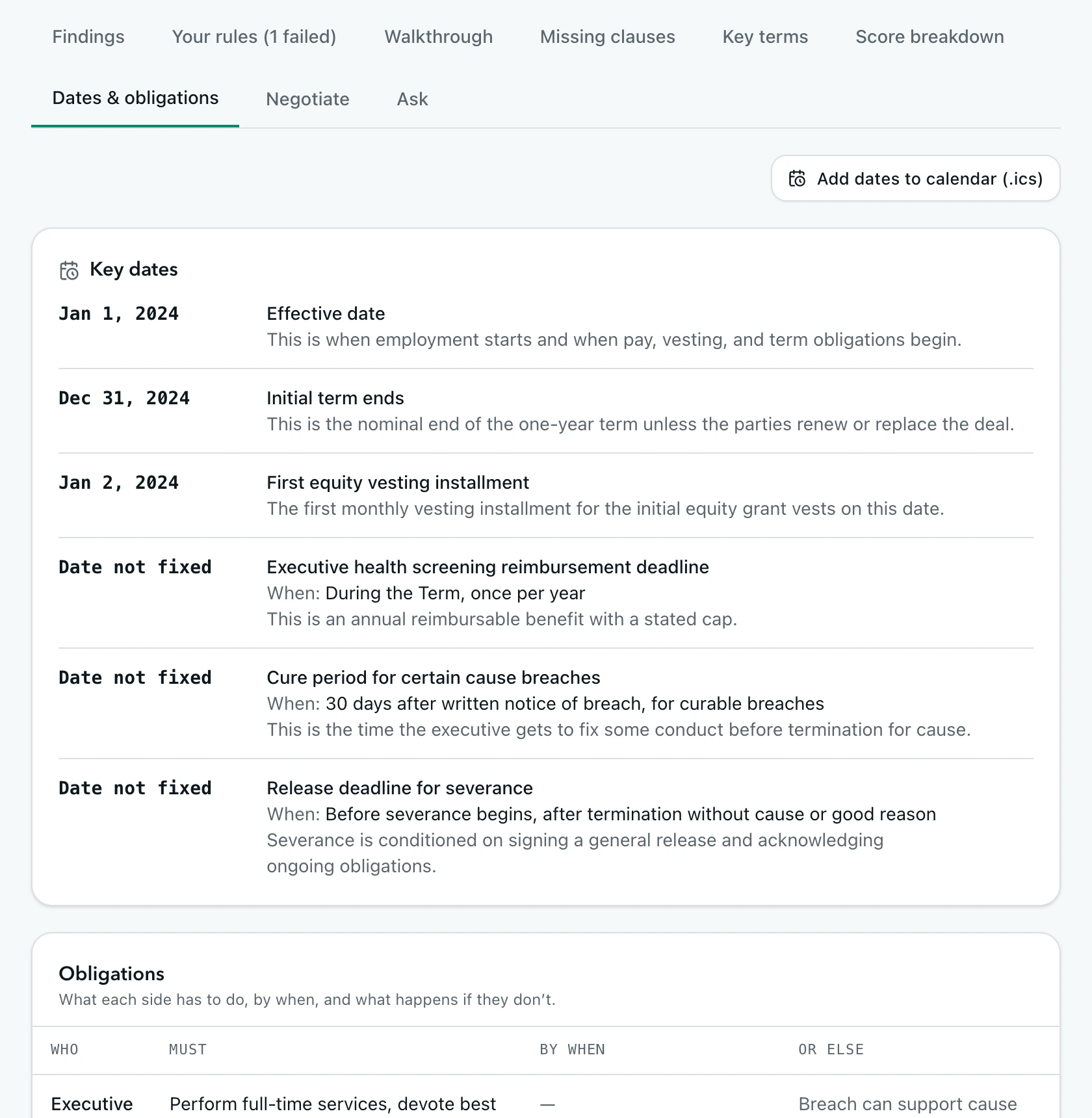 Key dates list with calendar export and obligations table