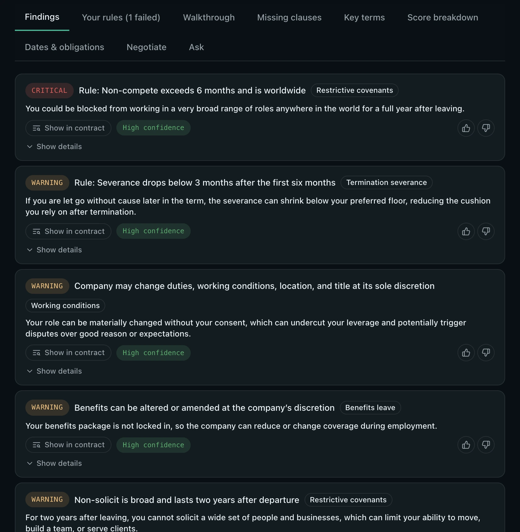 Findings list with severity, confidence and show-in-contract buttons