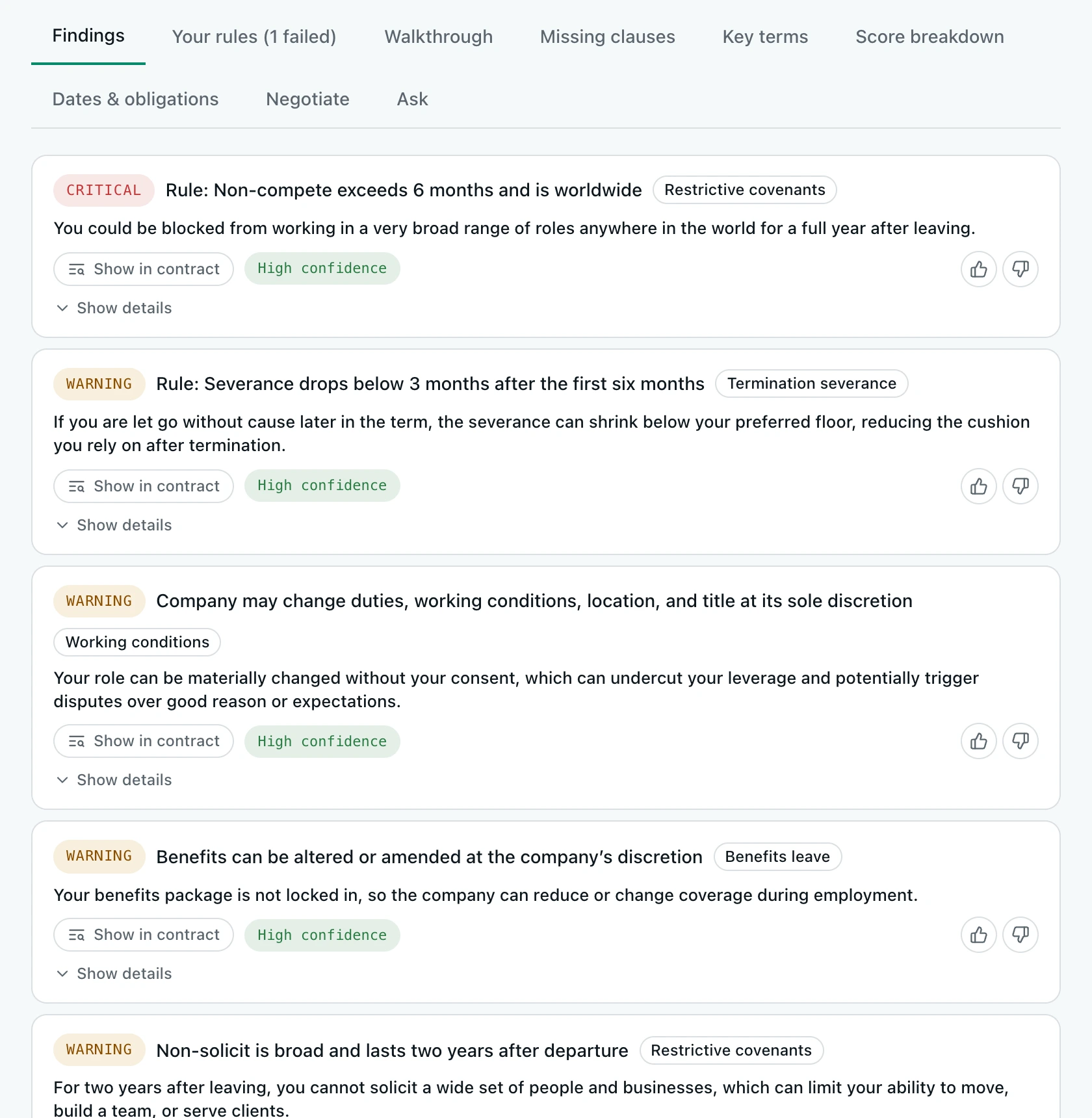 Findings list with severity, confidence and show-in-contract buttons