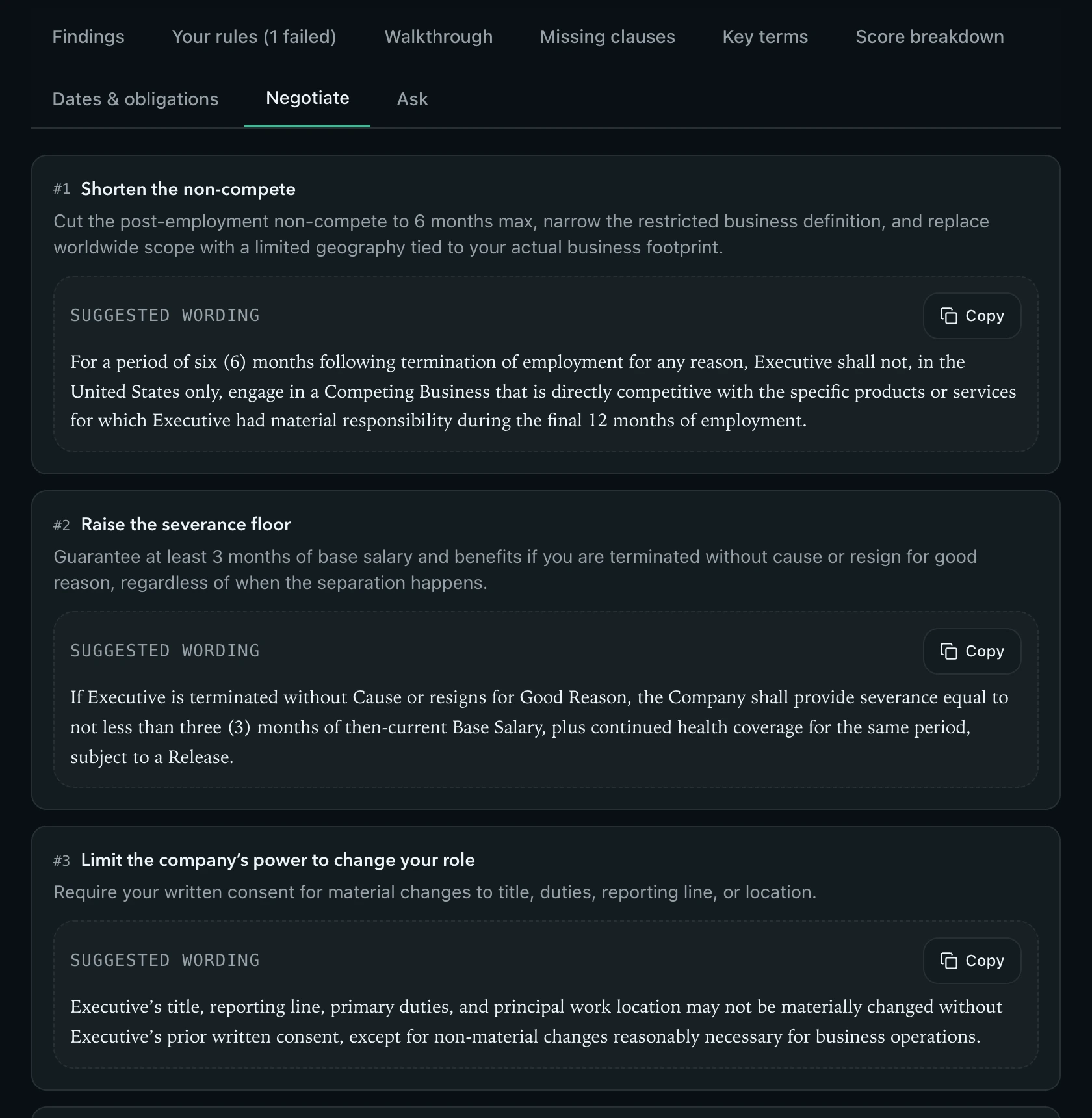 Negotiation points with suggested wording and copy buttons