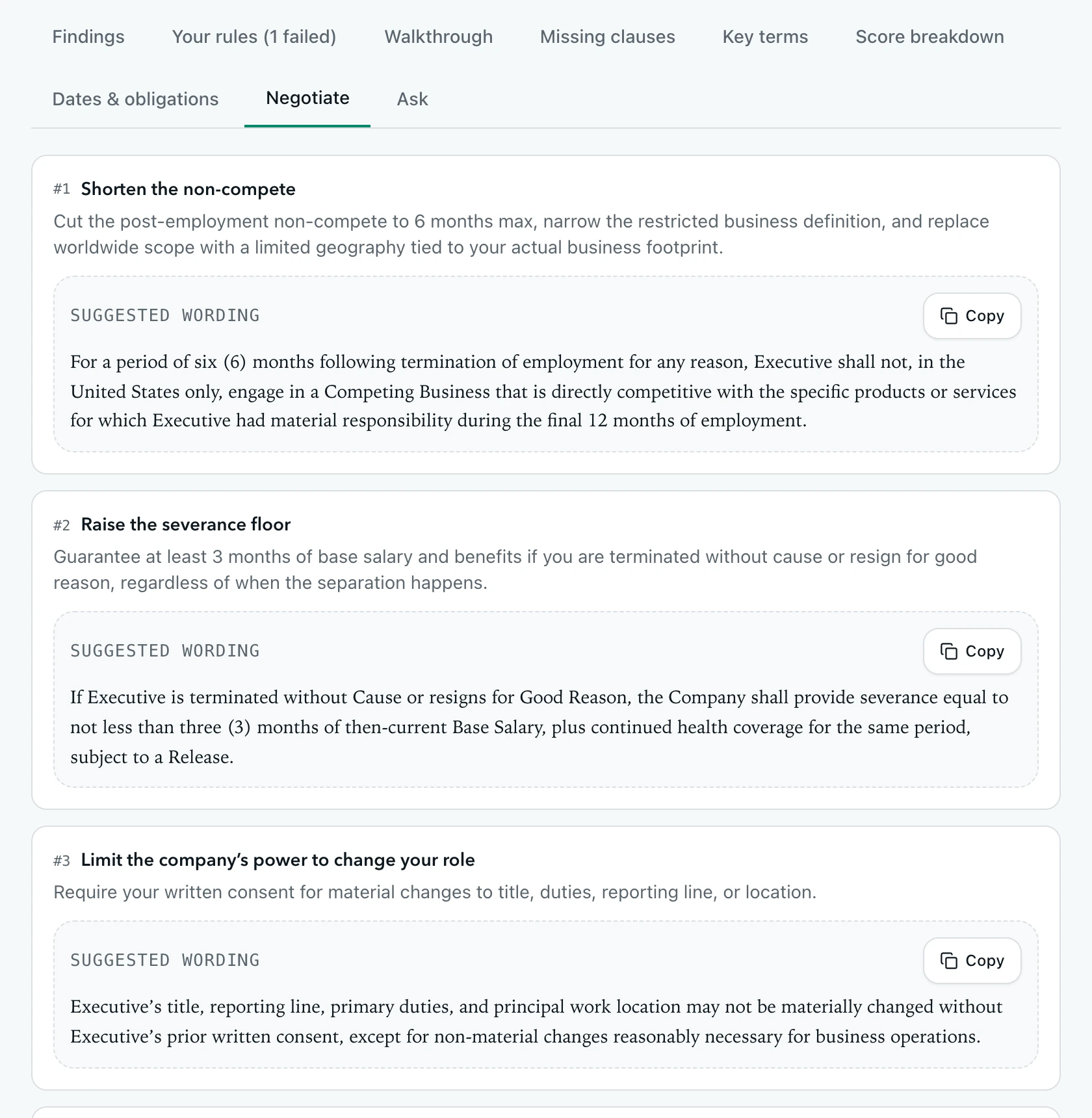 Negotiation points with suggested wording and copy buttons