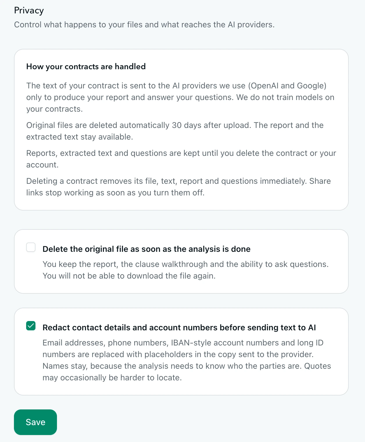Privacy settings with delete-after-analysis and redaction options