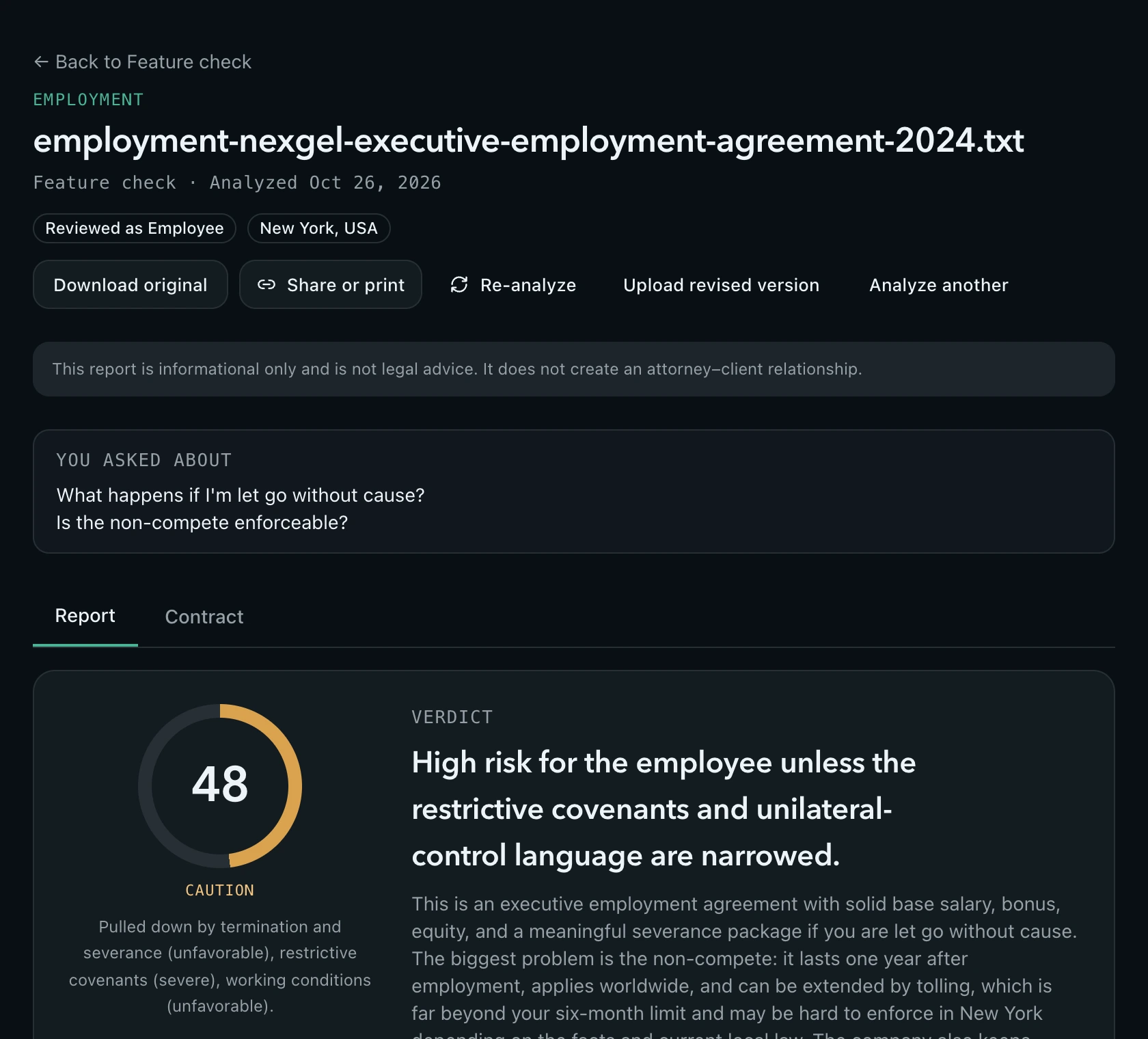 Report header with share, print and re-analyze actions