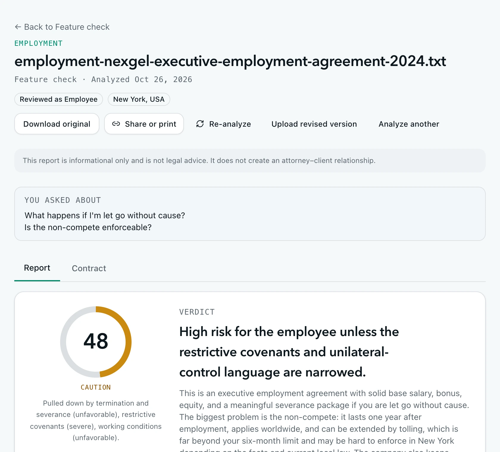 Report header with share, print and re-analyze actions