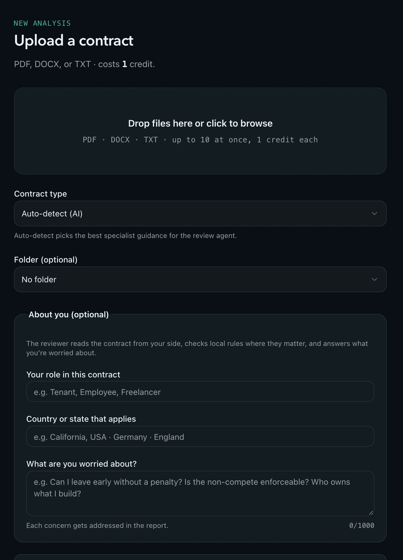 Upload form with role, jurisdiction and concerns fields