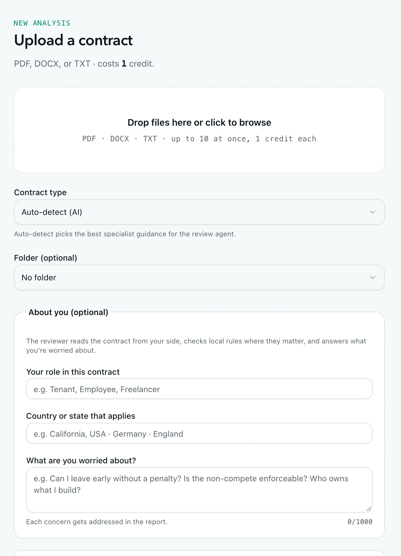 Upload form with role, jurisdiction and concerns fields