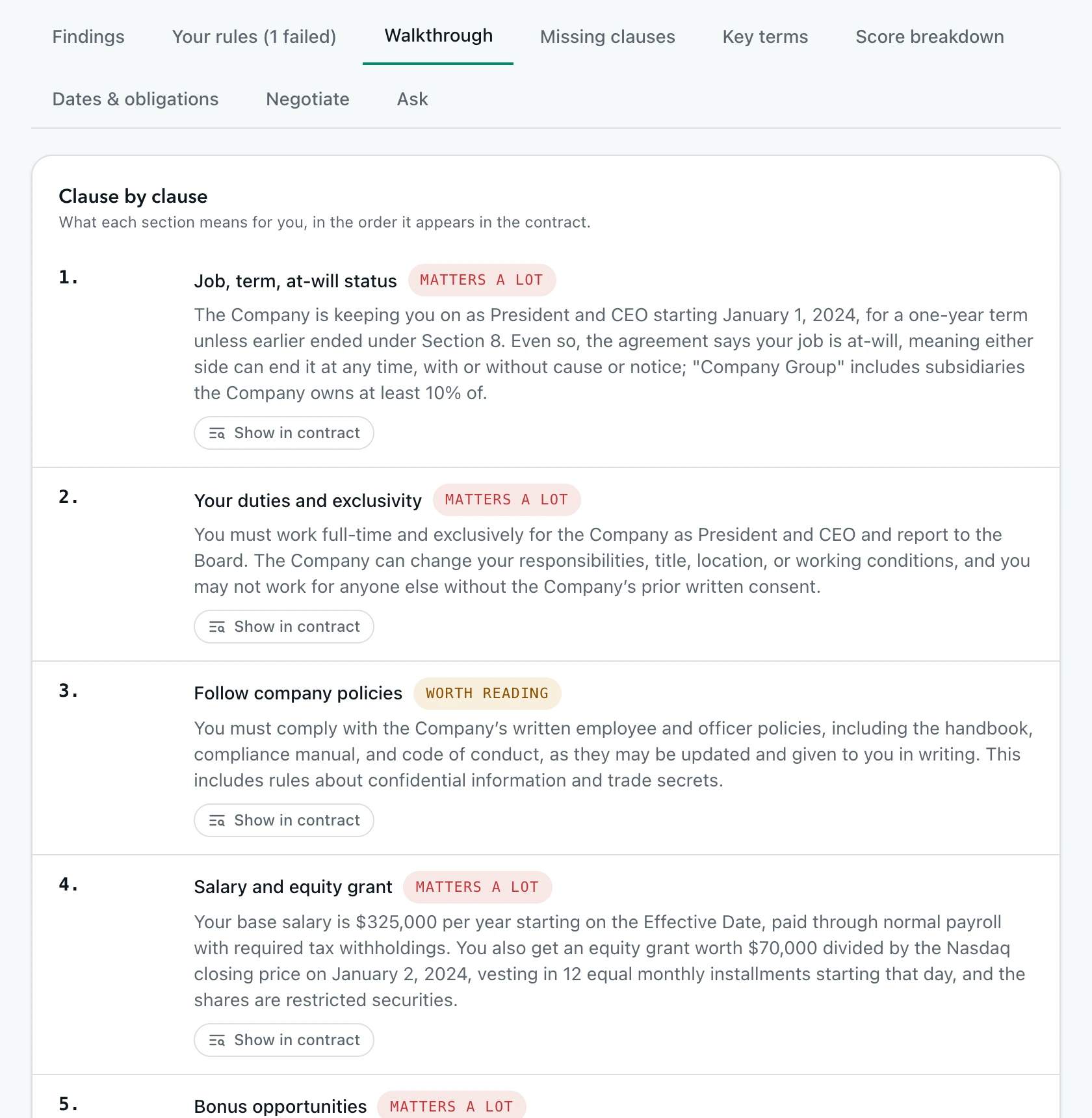 Clause-by-clause walkthrough with relevance labels