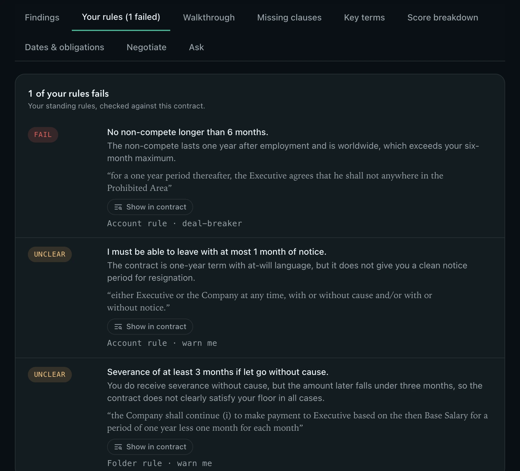 Rules tab showing pass, fail and unclear verdicts
