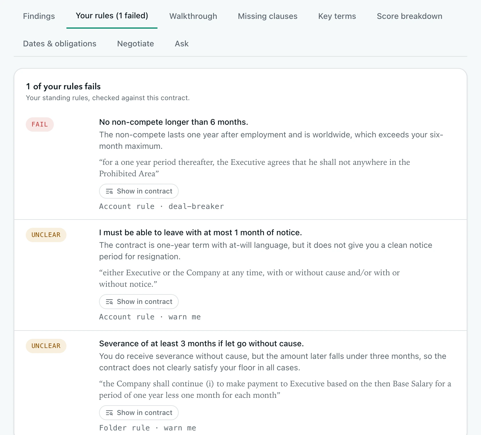 Rules tab showing pass, fail and unclear verdicts